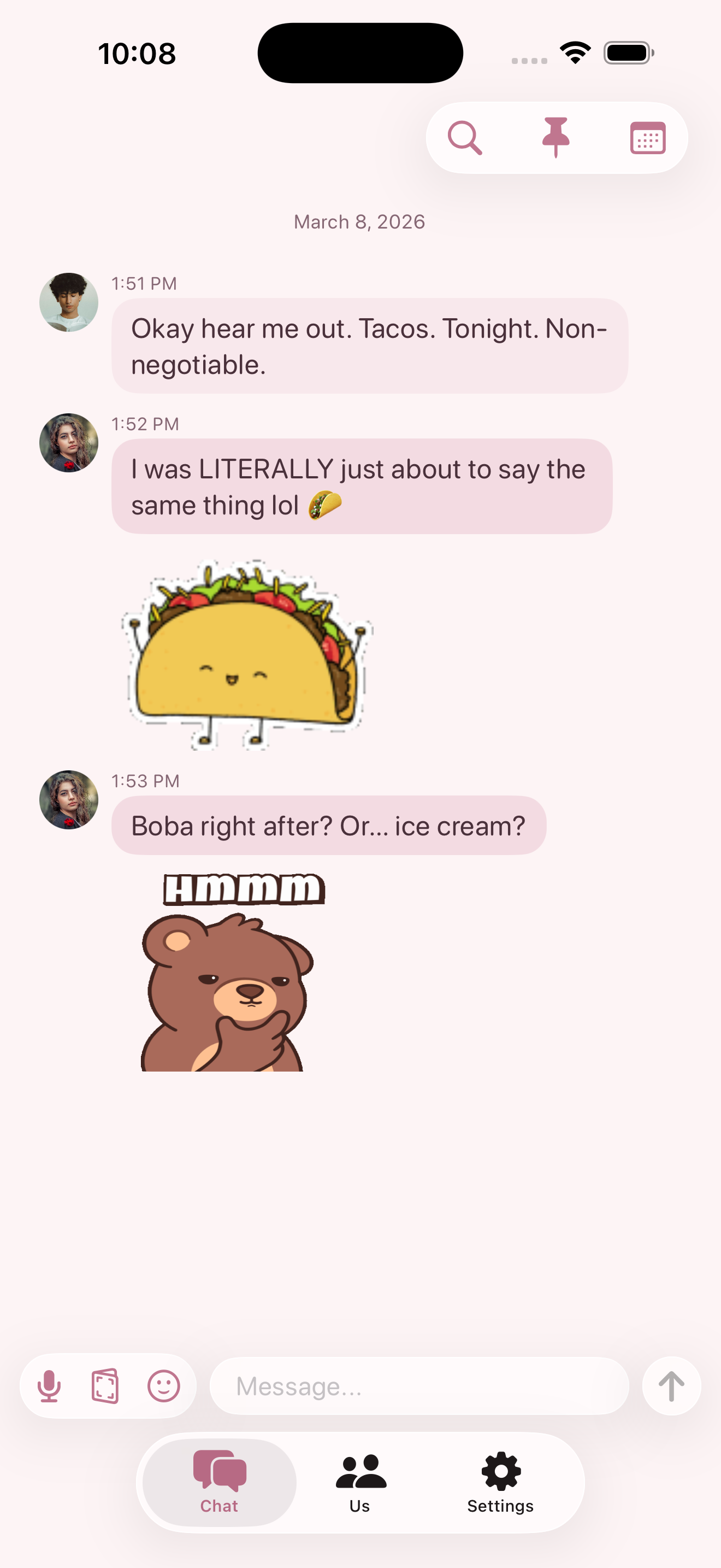 flan app interface showing a private chat on iPhone